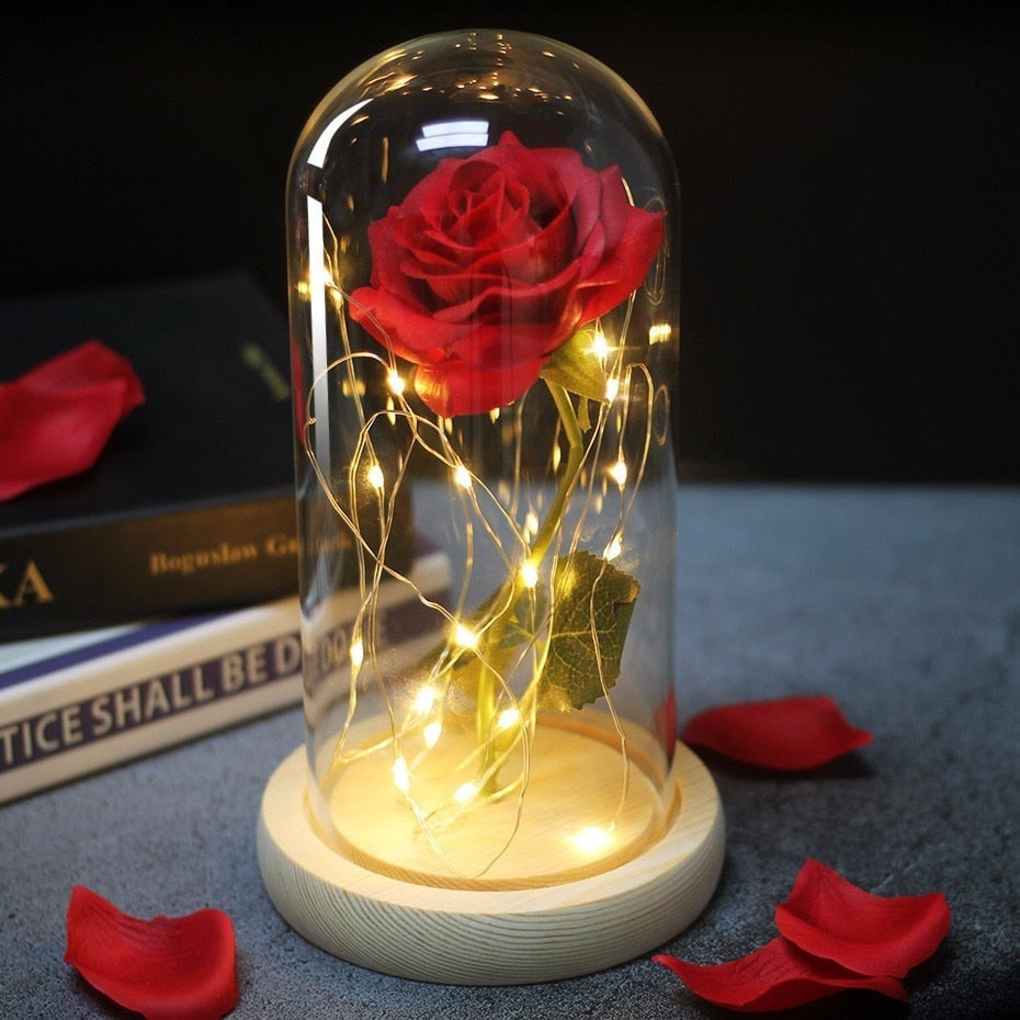 Beauty And Beast Rose In Flask Led Rose Flower Light Black Base Glass Dome Best For Mother's Day Valentines Day Gift - Vintage tees for Women