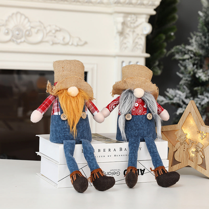 New Christmas long legged hemp Brudorf doll cowboy hat faceless doll window sitting decoration ornaments - Vintage tees for Women