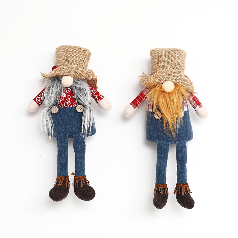 New Christmas long legged hemp Brudorf doll cowboy hat faceless doll window sitting decoration ornaments - Vintage tees for Women