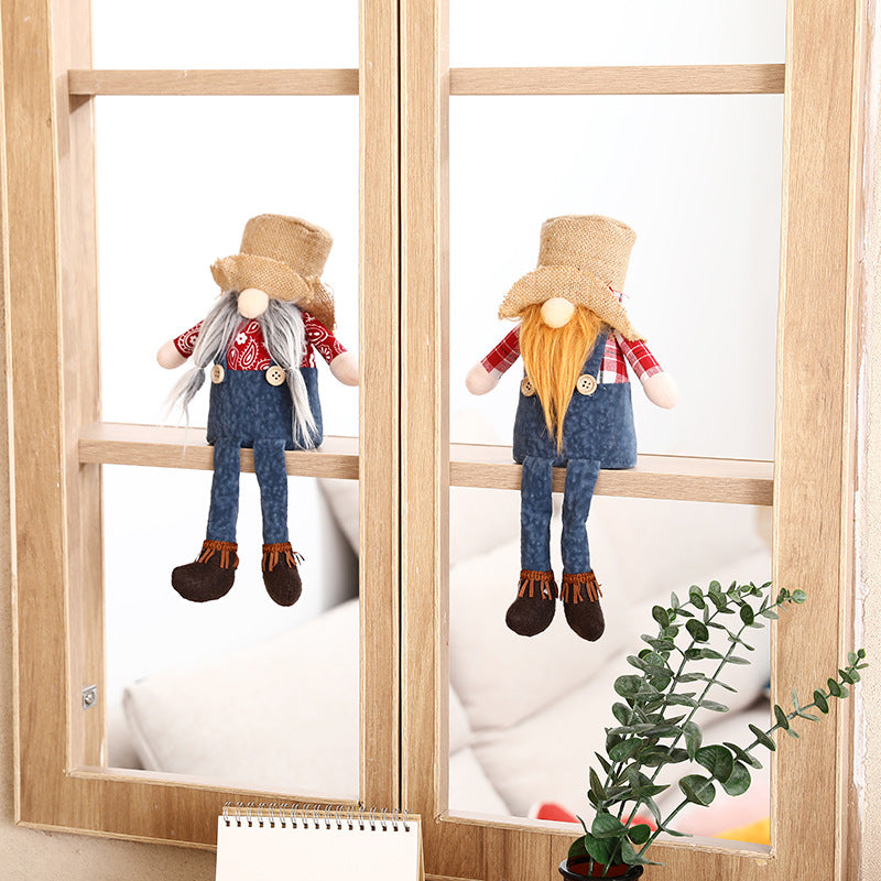 New Christmas long legged hemp Brudorf doll cowboy hat faceless doll window sitting decoration ornaments - Vintage tees for Women