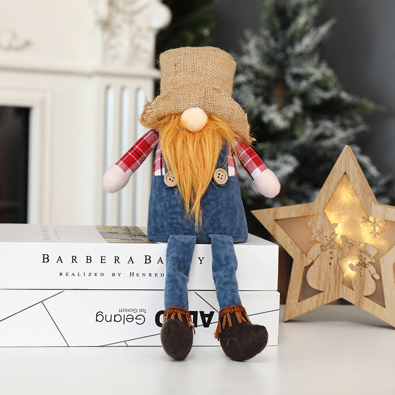 New Christmas long legged hemp Brudorf doll cowboy hat faceless doll window sitting decoration ornaments - Vintage tees for Women