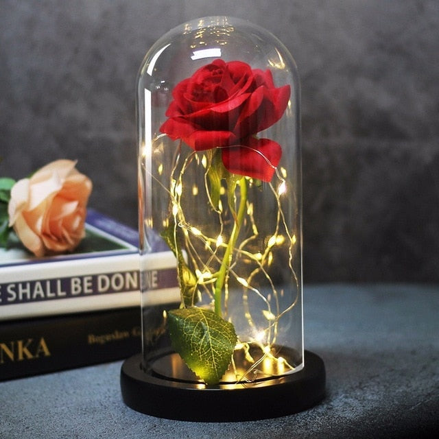 Beauty And Beast Rose In Flask Led Rose Flower Light Black Base Glass Dome Best For Mother's Day Valentines Day Gift - Vintage tees for Women