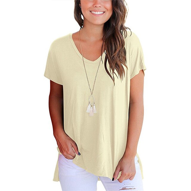 V-Neck Short Sleeve Women Basic T-shirts